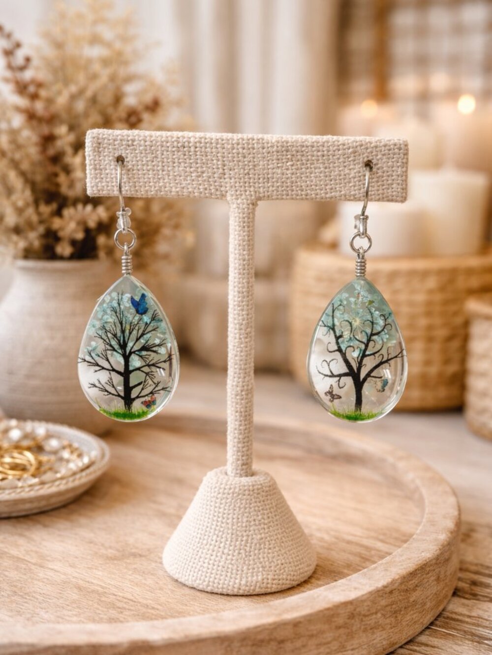 Nature Scene Resin Drop Earrings | Woodland Tree Art | Lightweight Statement
